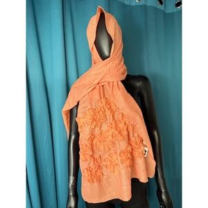 Victoria Leland Designs Orange Textured Scarf 3D Floral Applique Lightweight NWT
